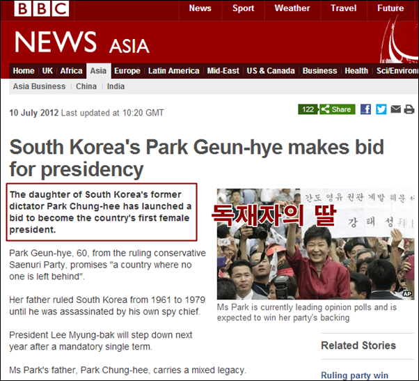 ▲ BBC 박근혜 후보 관련 기사, 출처:BBC 홈페이지