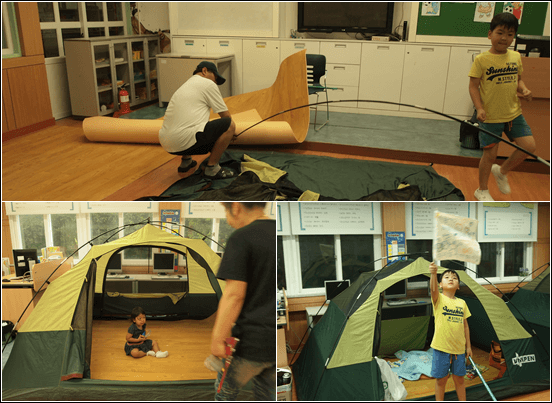 ▲송당초등학교에서는 고가의 캠핑 장비가 없는 시골 마을 특성을 고려해, 텐트를 모두 무료로 대여해줬다.