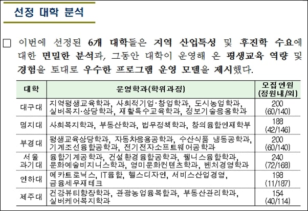 ▲교육부가 지난 5월에 발표한 평단 사업 선정 대학 ⓒ교육부 캡처