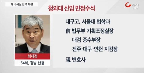 ▲최재경 청와대 신임 민정수석 내정자 프로필 ⓒTV조선 캡처