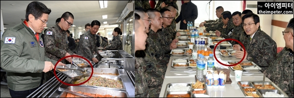 ▲황교안 권한대행은 군부대를 방문해 식사를 할 때마다 식판 오른쪽에 밥을 담는다. 보통의 군인은 왼쪽에 밥을 오른쪽에 국을 담는다.