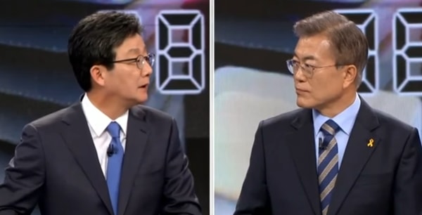 ▲지난 4월 19일 KBS TV토론에서 문재인 후보에게 군복무 단축 공약을 질문하는 바른정당 유승민 ⓒKBSTV 캡처