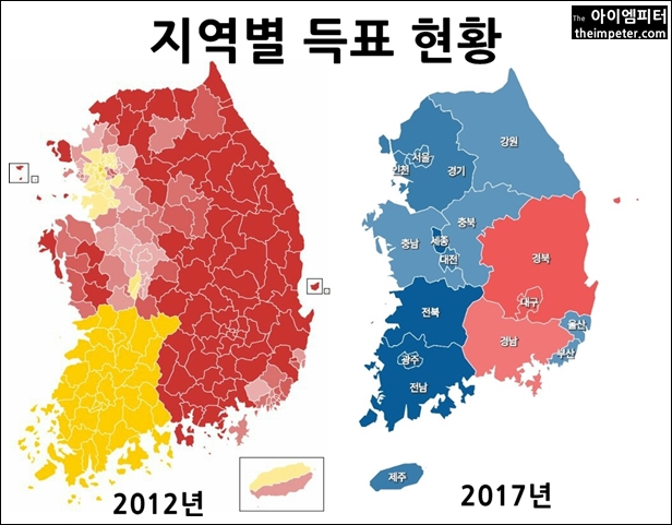 ▲ 2012년 18대 대선과 2017년 19대 대선의 지역별 득표 현황.