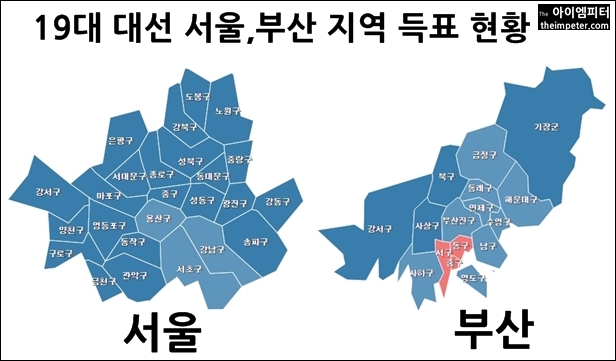 ▲19대 대선에서 서울과 부산 지역 득표 현황, 대부분의 지역에서 문재인 후보가 앞섰다.
