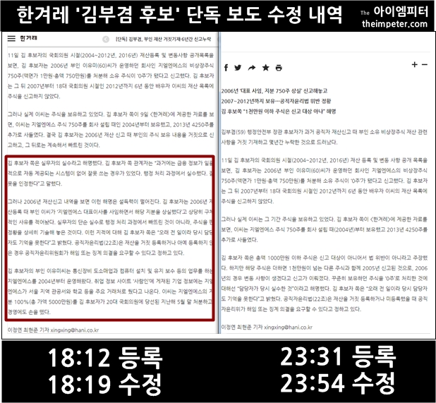 ▲한겨레는 같은 제목의 김부겸 후보 관련 기사를 온라인에서 두 번 발행했다. 제목은 같지만 문장이 통째로 삭제되거나 수정됐다.