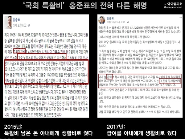 ▲홍준표 자유한국당 대표가 '국회 특수활동비' 관련 2015년과 2017년에 페이스북에 올린 글