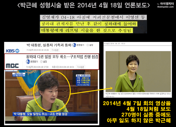 ▲특검은 언론이 구조작업 진행을 점검하고 있다고 보도한 4월 18일에도 박근혜씨가 청와대에서 성형시술을 받았다고 추정했다.
