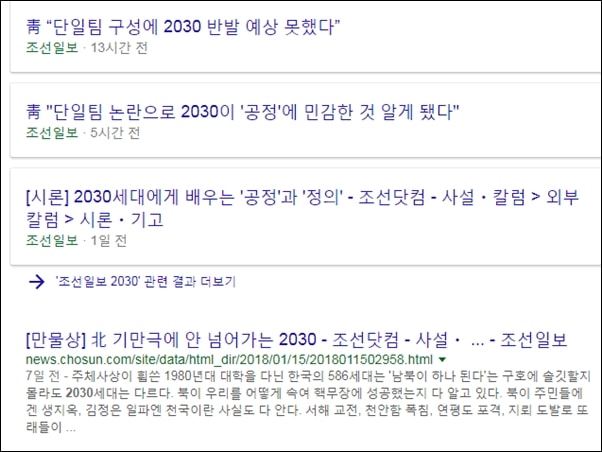 ▲조선일보가 보도한 남북 단일팀과 2030세대 관련한 기사