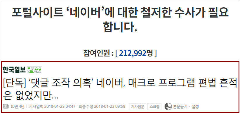 ▲ 청와대에 올라온 네이버 수사 촉구 청원 이후 한국일보는 매크로 프로그램을 이용한 편법은 없었다고 보도했다.