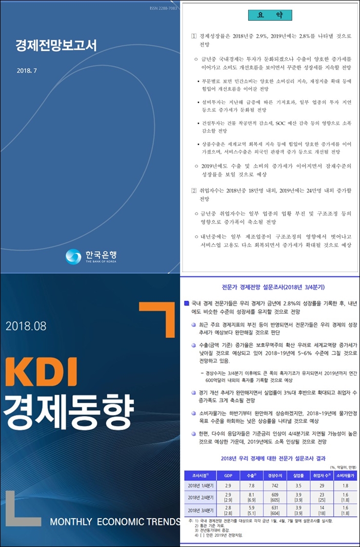 ▲한국은행이 7월에 발간한 '경제전망보고서와' KDI가 8월에 발간한 '경제동향' 보고서