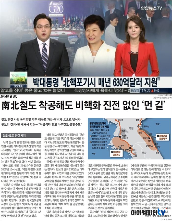 ▲2015년 11월 언론은 박근혜 대통령이 북한이 핵을 포기하면 매년 630억 달러, 우리 돈 73조를 지원하겠다고 보도했다. 9월 20일 조선일보는 비핵화 약속이 나왔지만, 유엔 제재 때문에 경협은 안 된다고 보도했다.
