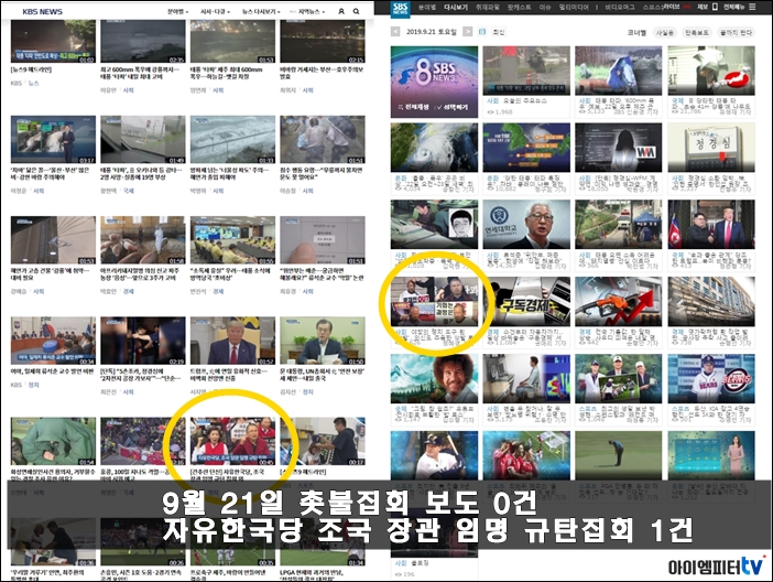 ▲9월 21일 토요일 KBS와 SBS 메인 뉴스 보도 리스트