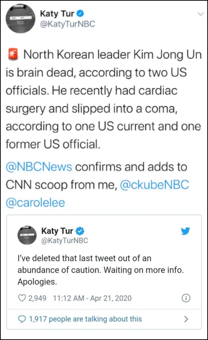 ▲ NBC기자는 트위터에 김정은 위원장이 뇌사 상태라는 글을 올렸다가 삭제했다 ⓒ트위터 화면 캡처