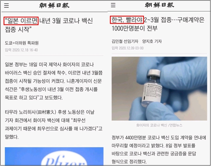 ▲조선일보는내년 3월 백신 접종에 대해 한국은 빨라야, 일본은 이르면이라는 표현을 사용했다 ⓒ조선일보 캡처