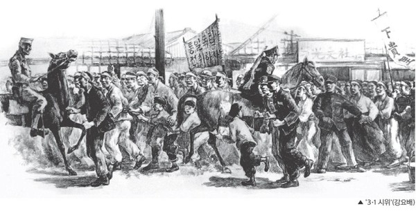 ▲기마경찰이 어린아이를 치고 가려고 하자 제주도민들이 항의하는 모습 ⓒ강요배 