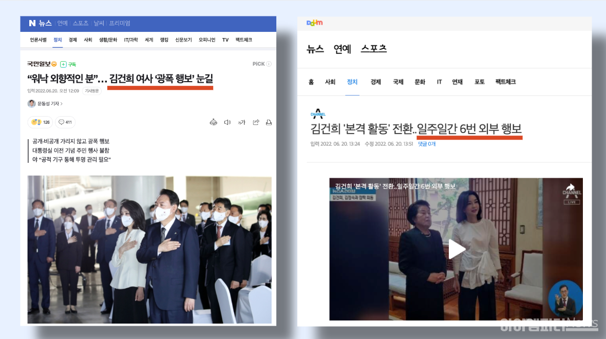 ▲네이버와 다음카카오 포털에 게재된 김건희 여사 관련 뉴스 