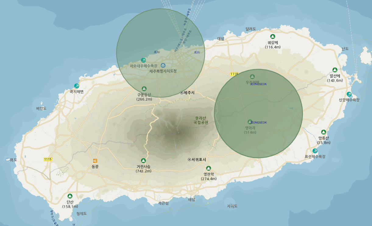 ▲제주도 비행금지 구역 ⓒV월드(공간정보오픈플랫폼)