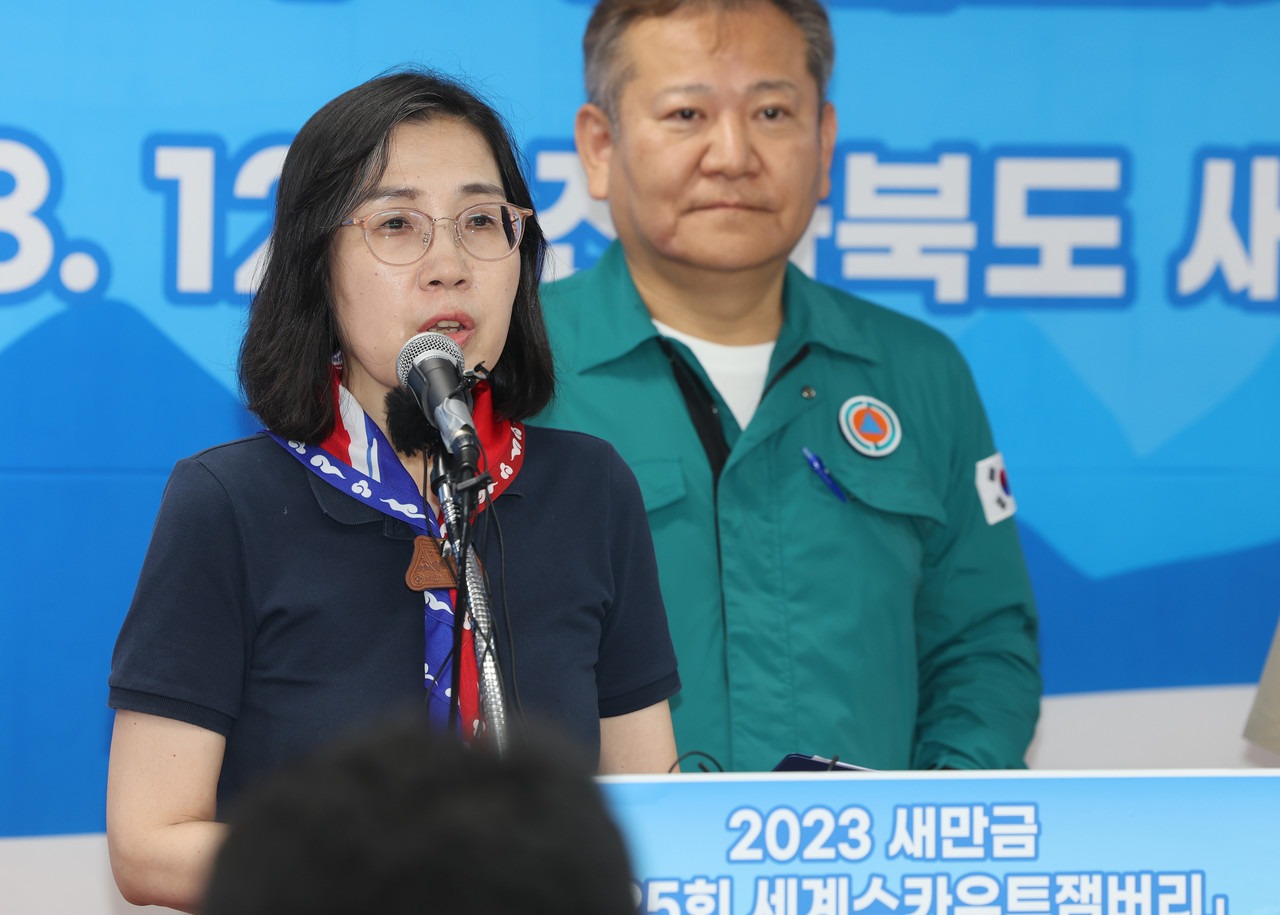 ▲ 김현숙 여성가족부 장관이 8일 오후 전북 부안군 잼버리 프레스센터에서 2023 새만금 세계스카우트 잼버리 퇴영 상황을 브리핑하고 있다. ⓒ연합뉴스