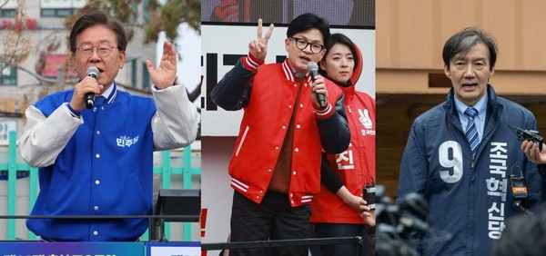 ▲(좌)더불어민주당 이재명 대표가 제22대 국회의원선거 공식 선거운동이 시작된 28일 오후 인천 부평역 북광장에서 열린 인천시당 총선 출정식에서 발언하고 있다. (가운데) 민의힘 한동훈 비상대책위원장 겸 총괄 선거대책위원장이 29일 경기 의왕 부곡시장 인근에서 의왕시과천시 최기식 후보 지지 발언을 하고 있다. (우)조국혁신당 조국 대표가 29일 충남 천안 고속버스터미널 인근에서 시민들에게 지지를 호소하고 있다.ⓒ연합뉴스