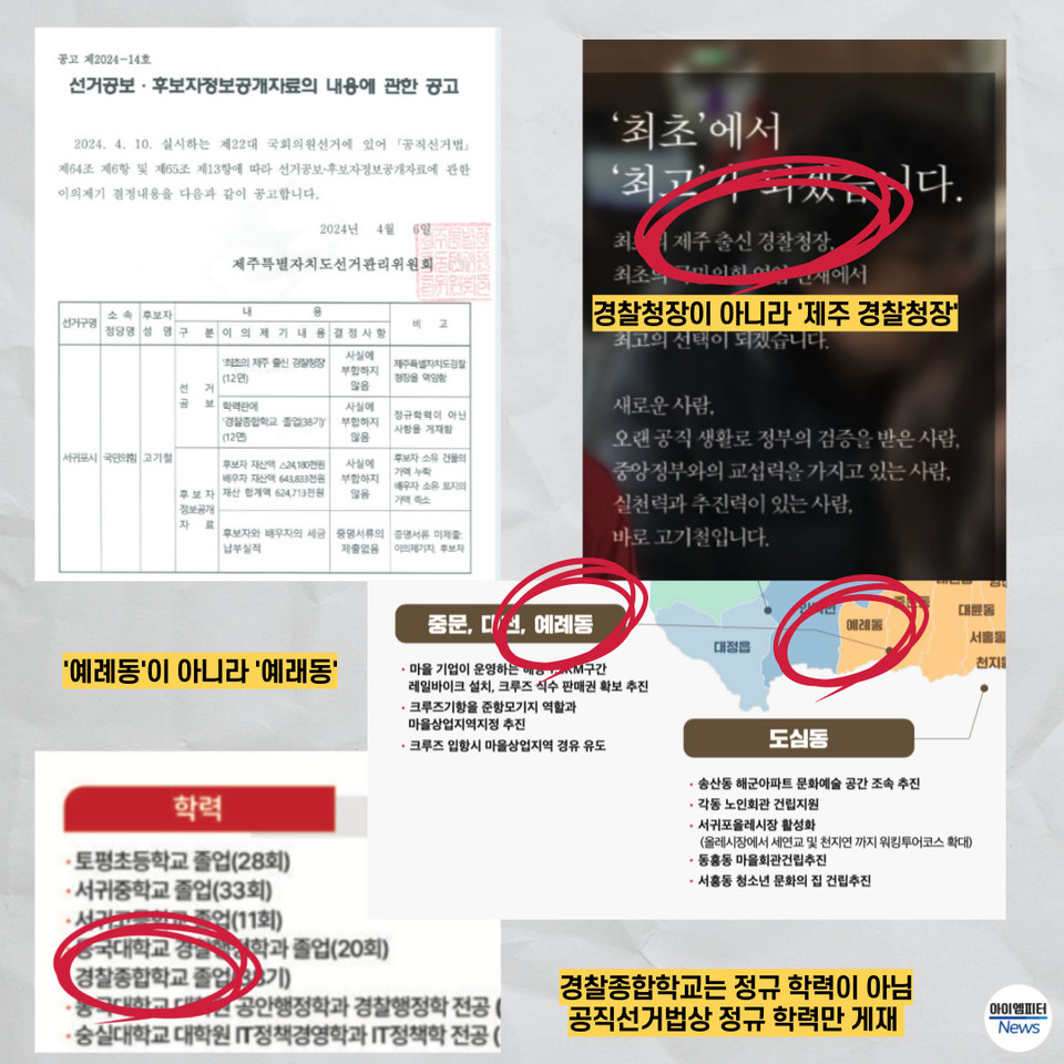 ▲  국민의힘 고기철 서귀포시 후보의 선거공보물과 선관위가 사실에 부합하지 않음 결정을 내린 항목들