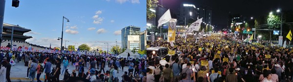 ▲(좌) 2019년 10월 광화문에 모인 보수,극우단체 회원과 지지자들 (우) 2019년 10월 서초동 검찰개혁 촛불집회 모습