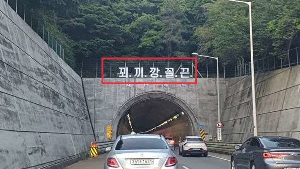 ▲  부산 대연터널 위에 설치된 ‘꾀끼깡꼴끈’ 문구 ⓒ 온라인커뮤니티 갈무리