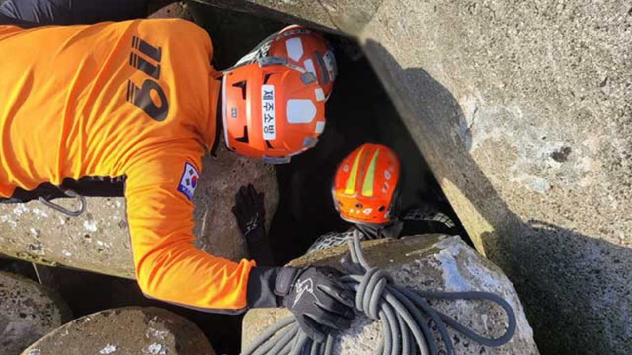 ▲ 24일 삼양동 방파제 테트라포드에서 발생한 추락사고 ⓒ제주도소방안전본부 제공