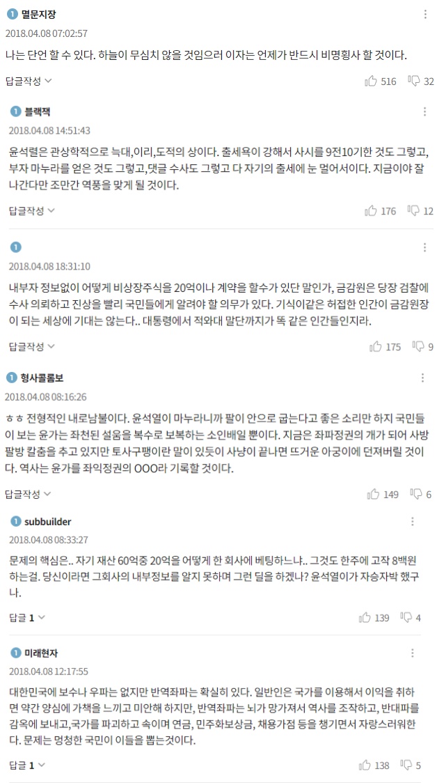▲ 2018년 4월 8일 조선일보에 올라온 주간조선 기사에 달린 댓글들 ⓒ조선일보 갈무리