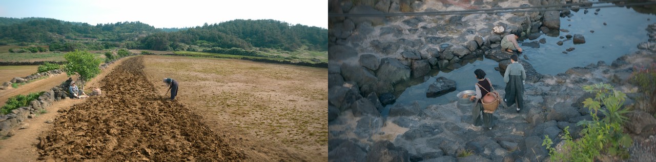 ▲ (좌) 애순이 엄마가 진주목걸이를 빌리려고 밭을 대신 갈아주고 있다. (우) 용천수에서 허벅에 물을 담고 있다. © 넷플릭스