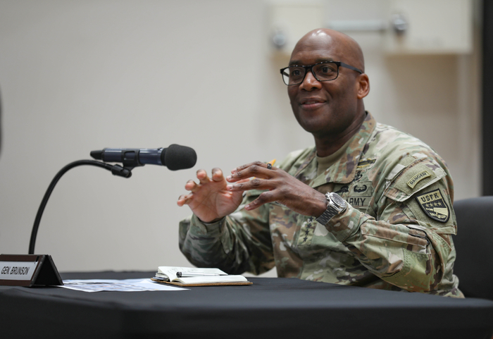 ▲ 제이비어 브런슨 주한미군사령관이 지난 8일 경기 평택시 캠프 험프리스에서 기자간담회를 하는 모습. © 주한미군 사령부 제공